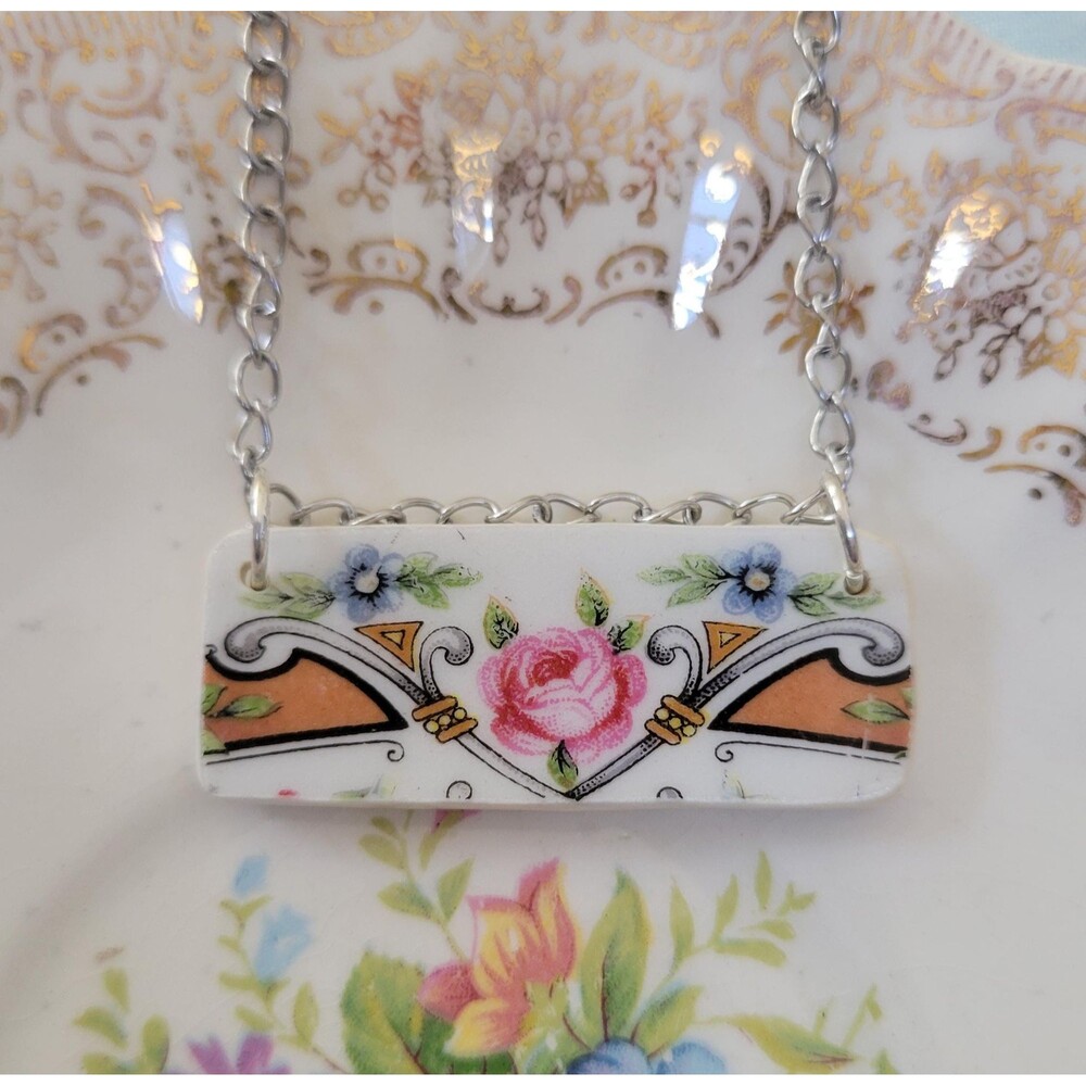 Broken China Pink Rose Bar Necklace